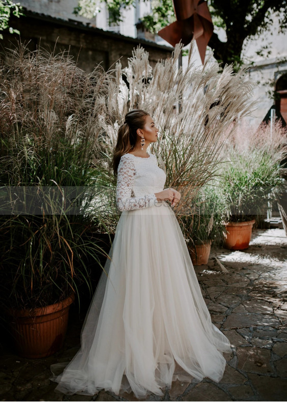 Boat Neck Lace Tulle Keyhole Back Unique Wedding Dress